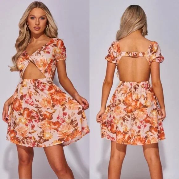 Dresses & Skirts - Brown Floral Print Short Sleeve V-Neck Cutout Open Back Mini Dress